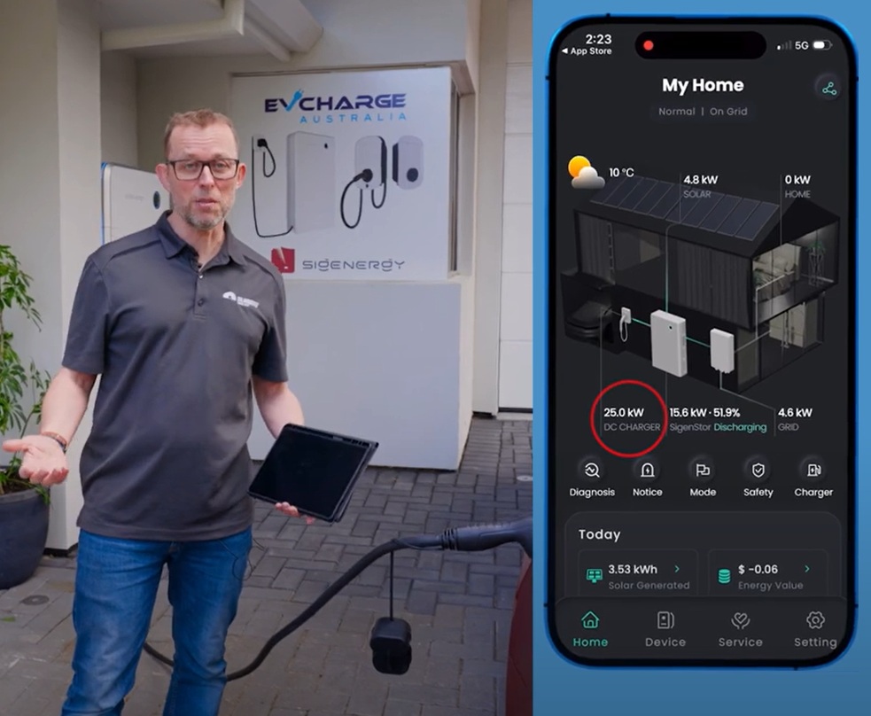 An EV charging from a SigenStor stack, with the mySigen app tracking its charging speed