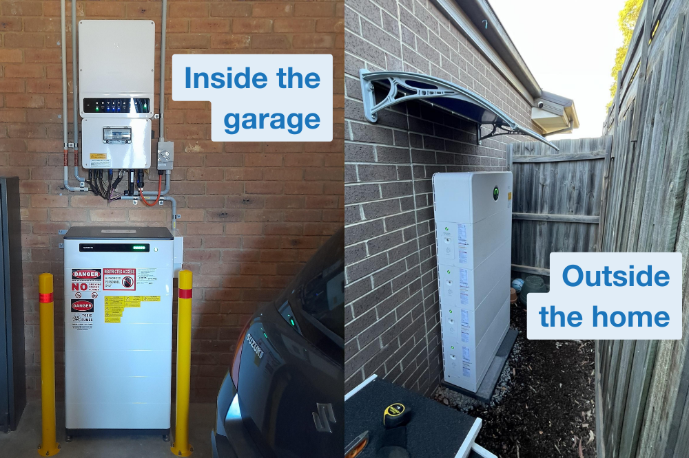 Two home batteries, one installed inside a garage and the other outside the home