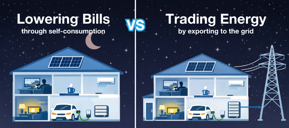A household with a solar battery can not only save money through self-consumption, it can also make money by exporting energy to the grid at peak times.