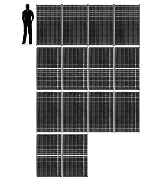 A man (yes, it's meant to be a dude) used as a reference to show how much area 14 solar panels takes up.