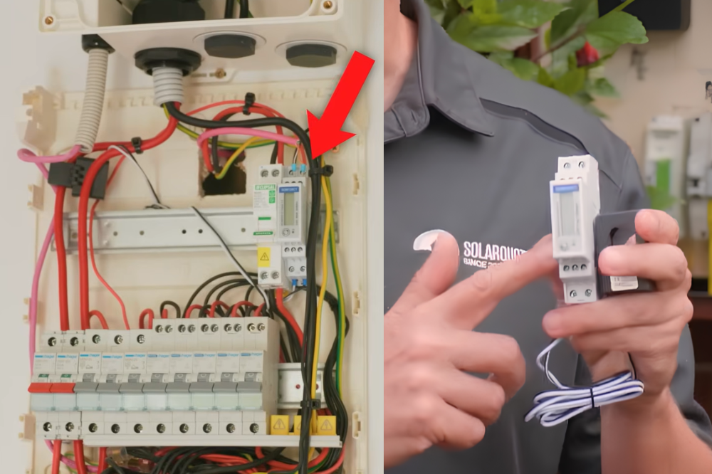 DIN-rail energy meter and CT clamp in a switchboard, used to measure power flow for smart solar EV charging.