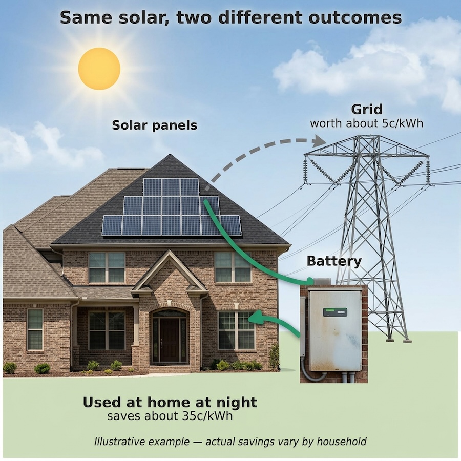 A house exporting energy to the grid or a battery flowchart.