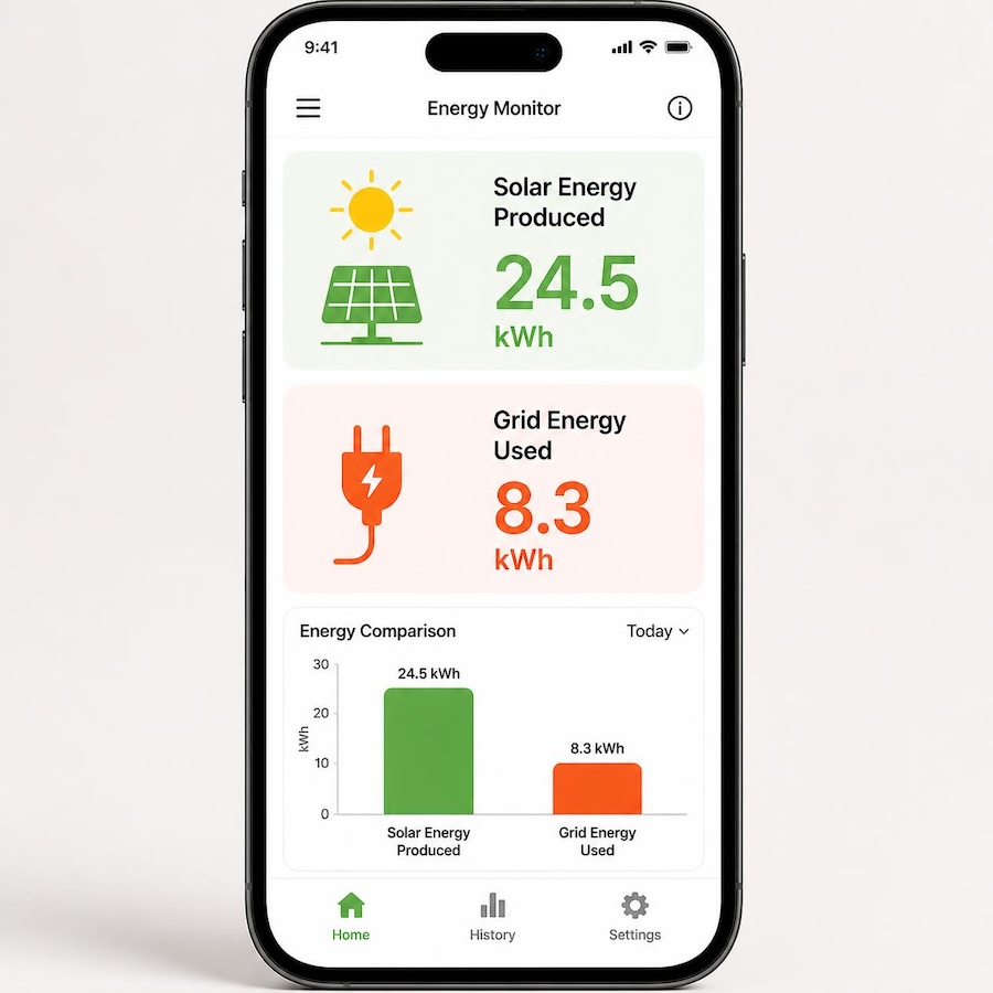 Phone showing energy use data between solar and the grid.