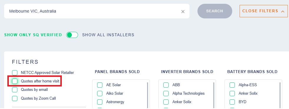 A screenshot of the "Quotes after home visit" filter in the SolarQuotes Installer Map tool