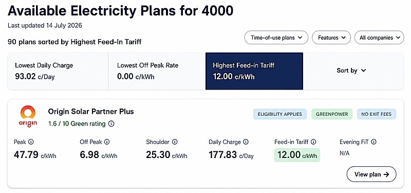 SolarQuotes retailer comparison tool results for SE QLD.