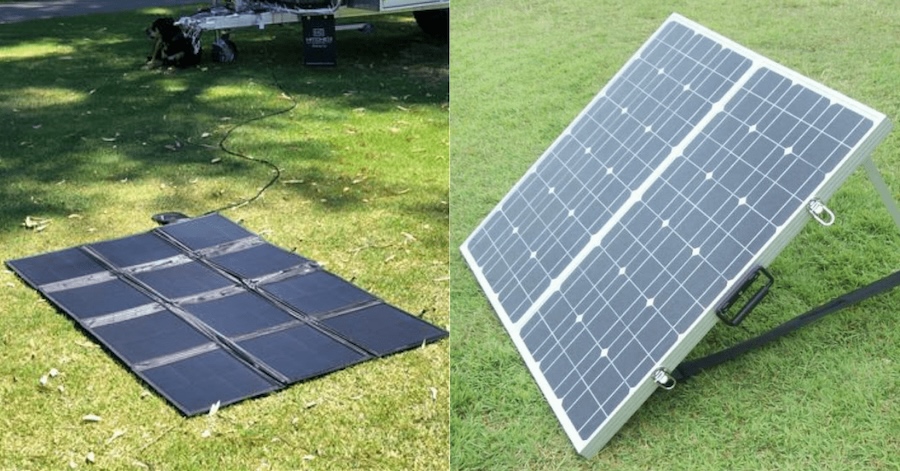 A solar blanket on the left, a portable solar panel on the right.
