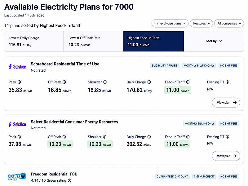 SolarQuotes retailer comparison tool results for Tasmania.