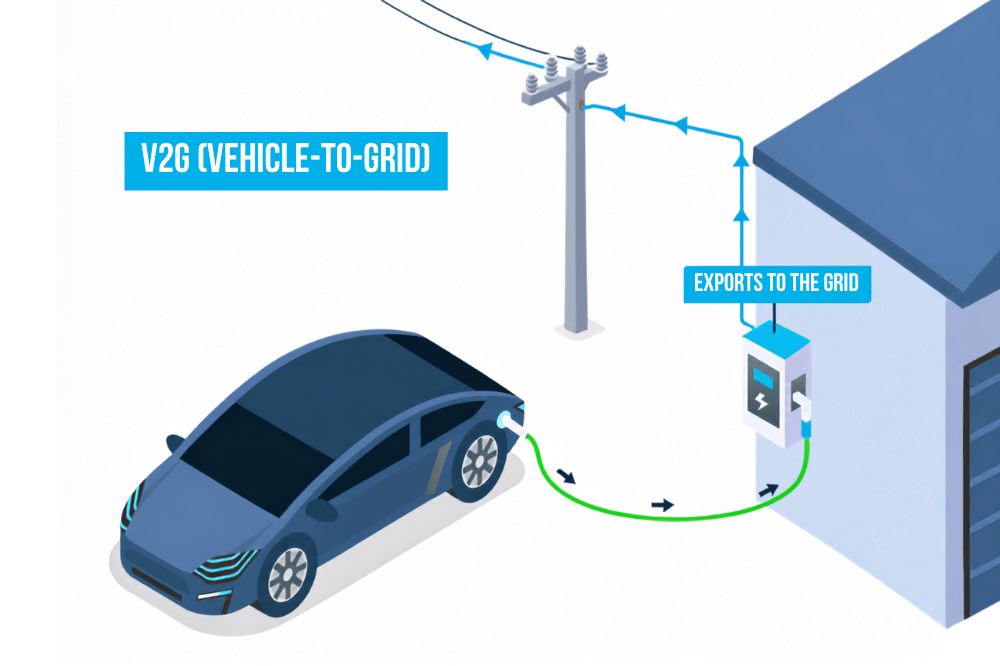 A diagram showing a V2G-capable car exporting energy to the grid via a bi-directional charger on a home.
