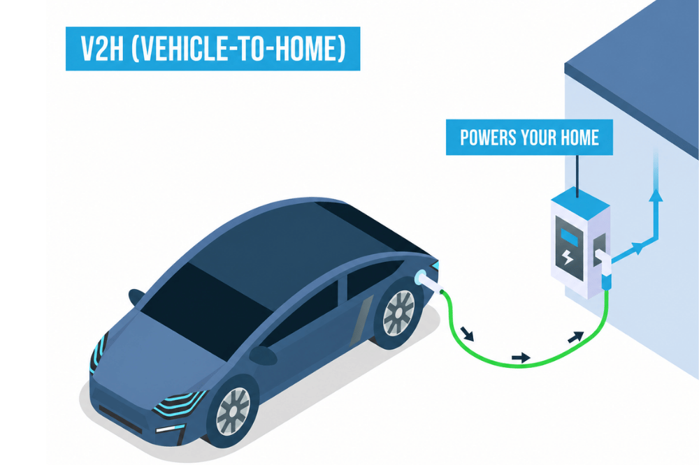 A diagram showing how a V2H-capable car can power the house via the bi-directional EV charger.