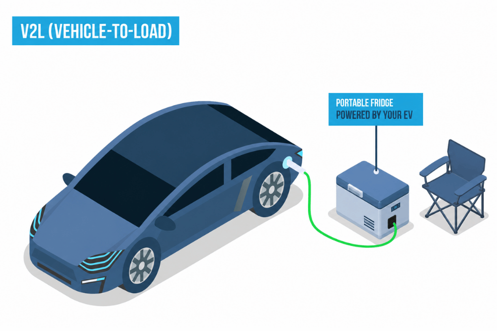 A diagram of a portable fridge for camping being powered by a V2L-capable car.