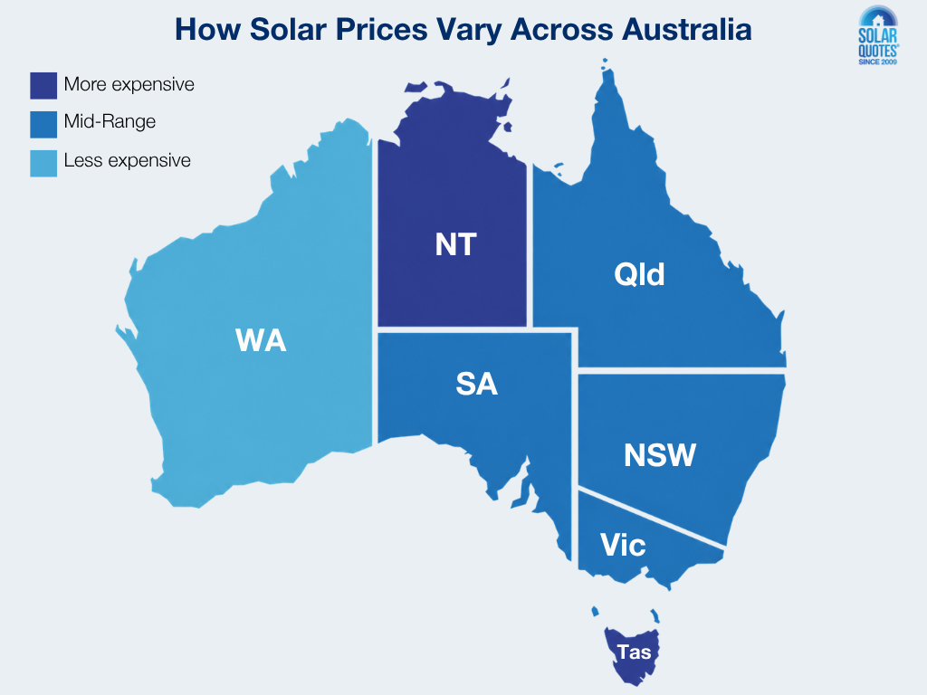 A choropleth map showing different price tiers for solar across Australia.